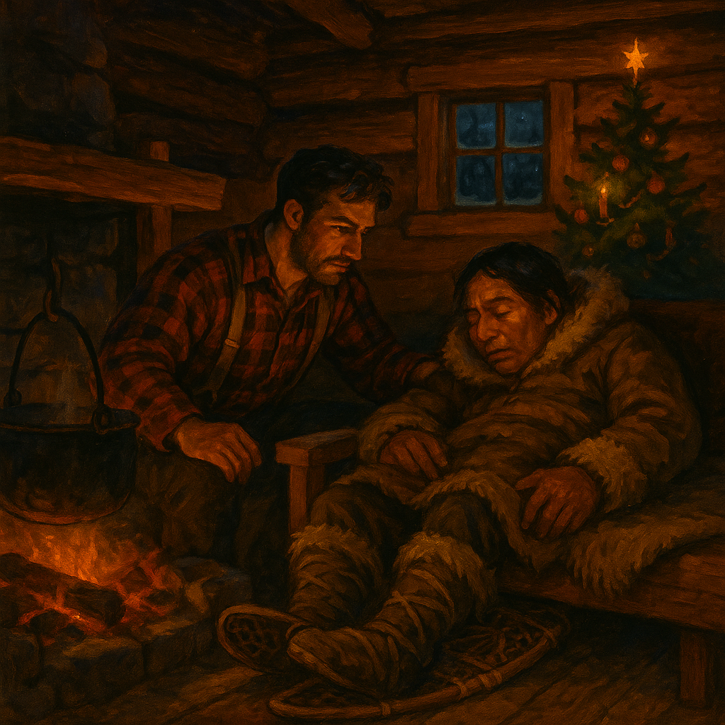John Archer tends to the collapsed Sacobie Bear by firelight in the wilderness camp, in Christmas On Big Rattle.