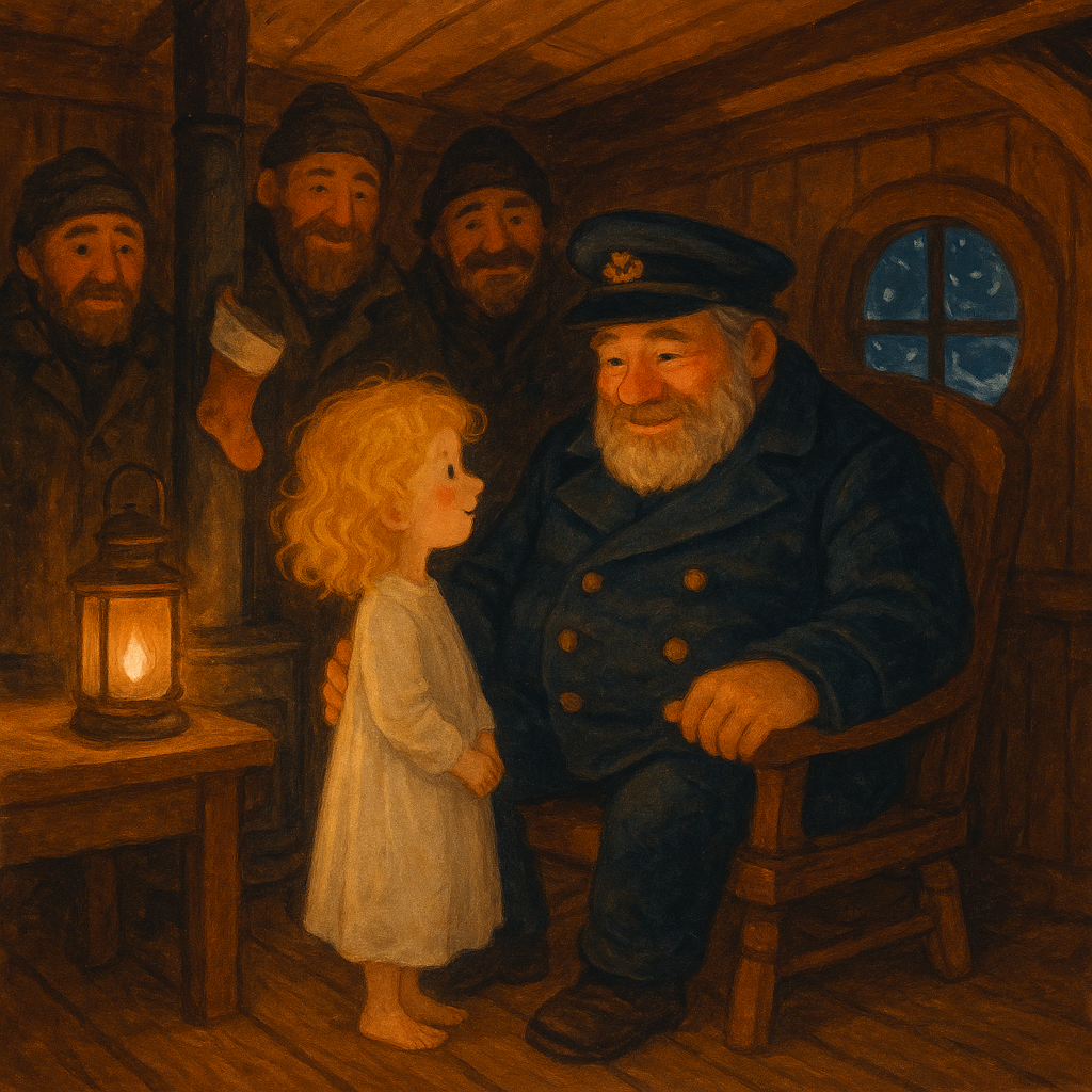 A golden-haired girl asks her sea captain father about Santa aboard the ship Polly, from the Christmas poem.