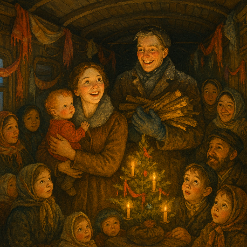 A young woman holding a red-haired baby and a snow-dusted young man with blue mittens beside a glowing Christmas tree in a baggage car — Christmas on Wheels.