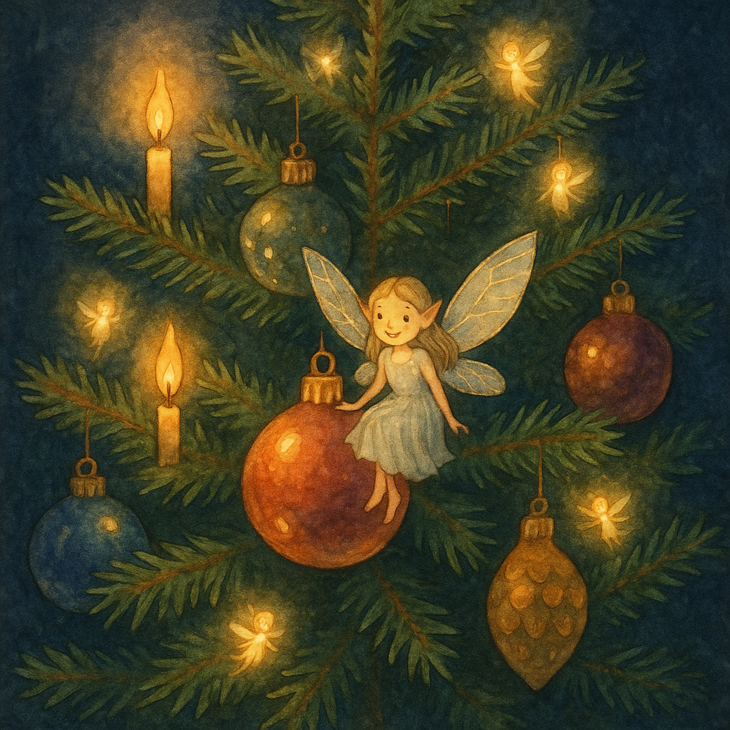 A tiny fairy with shimmering wings glowing behind a Christmas tree bauble, illustration for Christmas Poem.