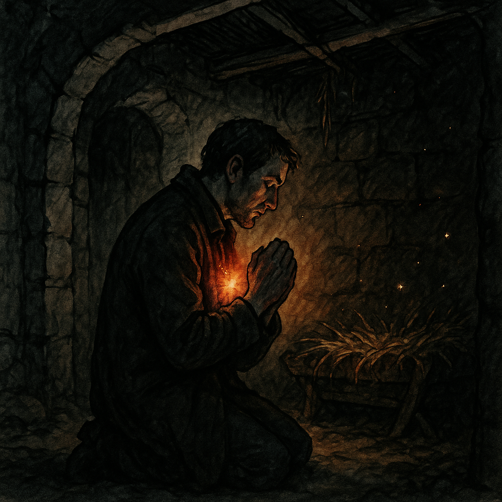 A man kneels in a cold stone stable, a warm golden light glowing from within — illustration for Christmas Prayer.
