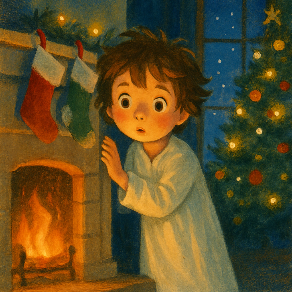 A curious child peeks around a glowing fireplace on Christmas Eve, illustrating the poem Christmas Questions.