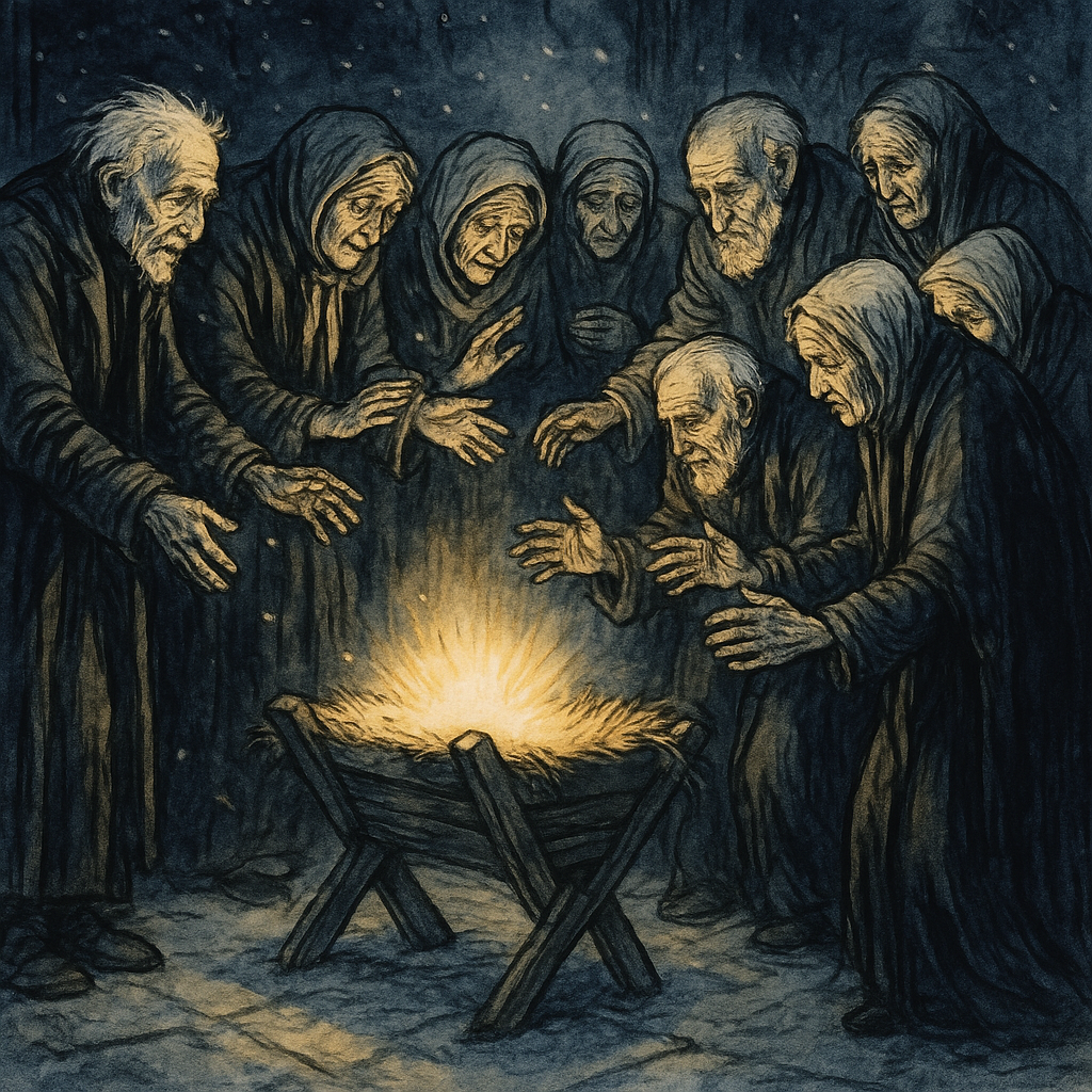 Elderly figures reaching toward a glowing manger in a winter scene, illustrating Christmas Song Of The Old Children