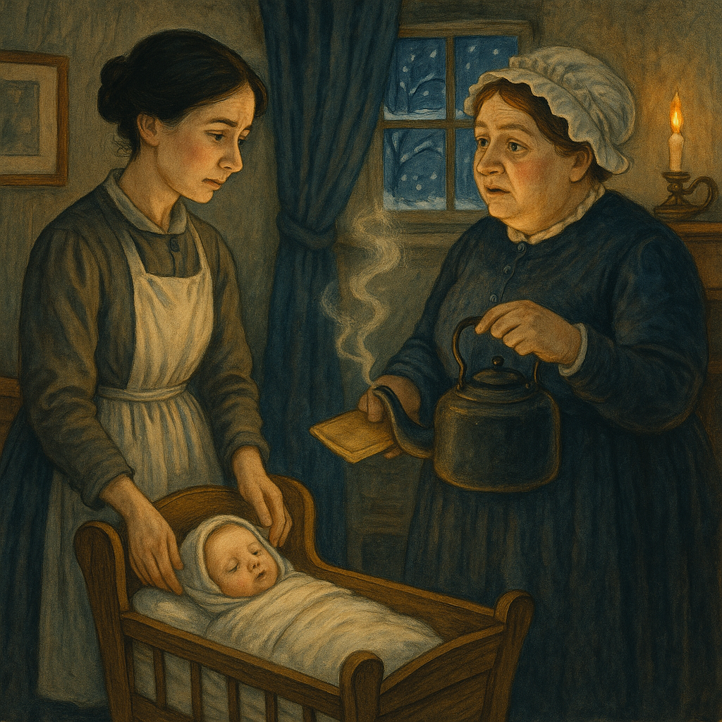 Mrs Jenkins brings a steaming kettle to help Mary Hodgson's sick baby, in Christmas Storms and Sunshine.
