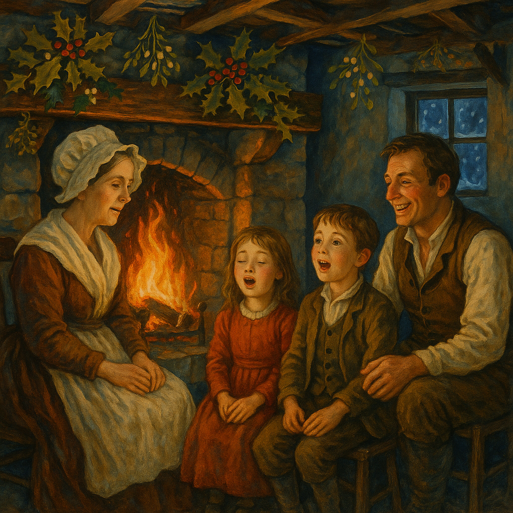 A family singing carols by the fireside in a holly-decked cottage, illustrating John Clare's poem Christmas Time.