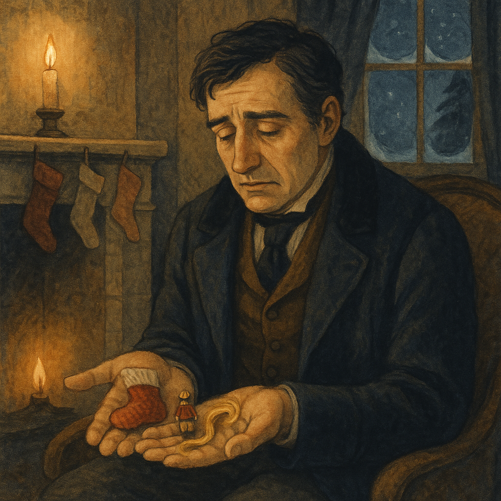 A grieving father holds his late child's stocking and toy by candlelight, from Christmas Treasures by Eugene Field.