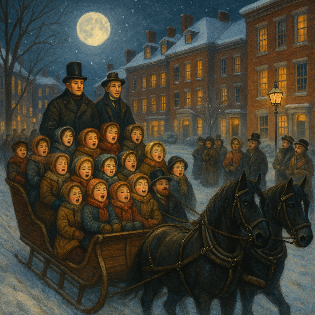 A moonlit sleigh packed with singing children glides through snowy 19th-century Boston streets in Christmas Waits in Boston.