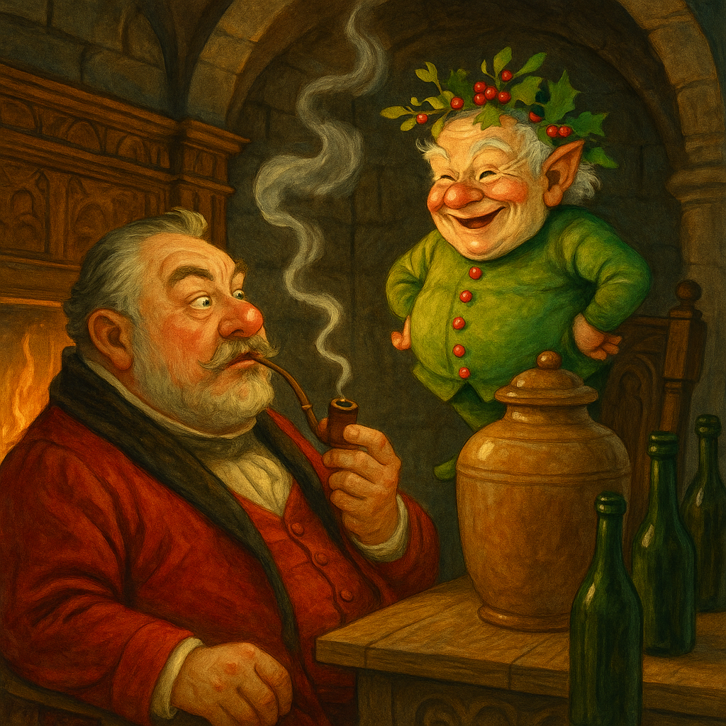 A stout baron stares in shock at a tiny holly-crowned goblin perched on his tobacco jar, in a scene from Christmas with the Baron.