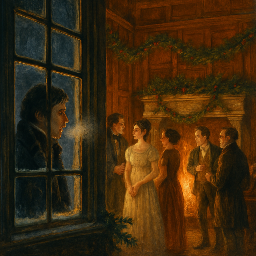 A lone man gazes through a frosted window at a glowing Christmas feast inside a manor hall, illustrating Washington Irving's "Christmas."