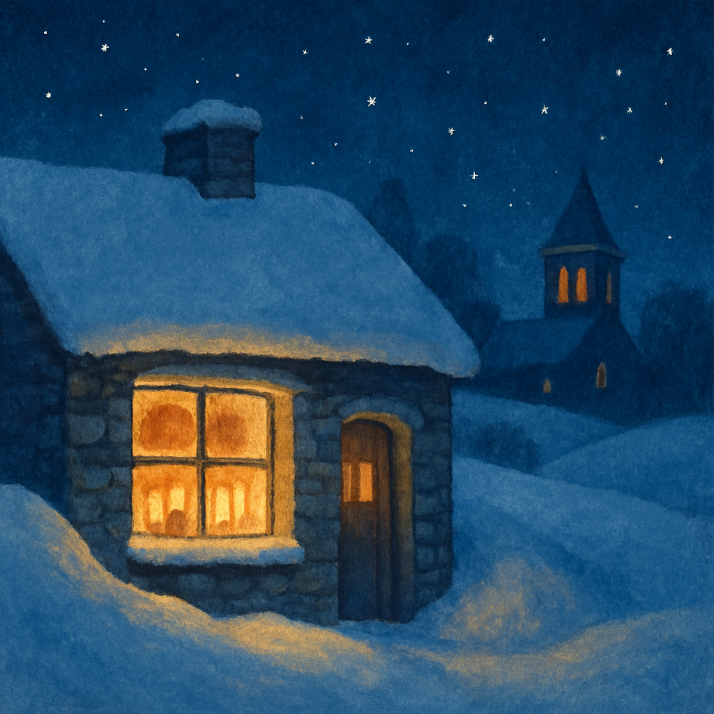A glowing cottage in the winter snow beneath bright stars, illustrating the Christmas poem Christmastide.