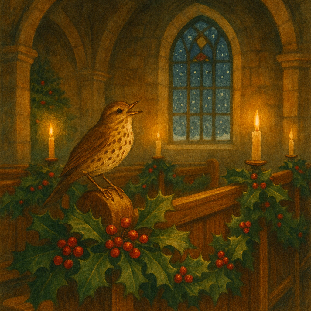 A holly-decked church interior at Christmas with a thrush perched on a pew, illustrating Wordsworth's poem.