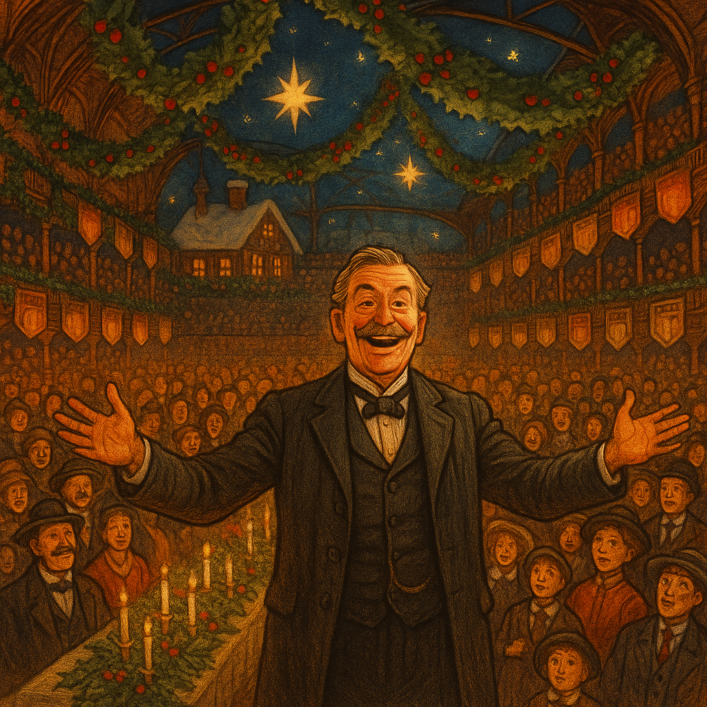 Colonel Crockett greets a jubilant crowd inside a holly-decorated Madison Square Garden in the story Colonel Crockett's Co-operative Christmas.