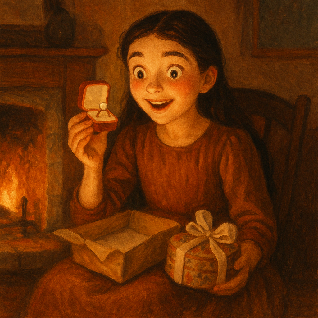Martha opens a satin ring box by firelight, discovering a pearl ring hidden in a candy box — scene from Cousin Jane's Mistake.