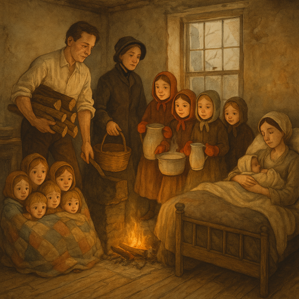 A family carries porridge and firewood to a starving family on New Year's Day, in Cousin Tribulation's Story.