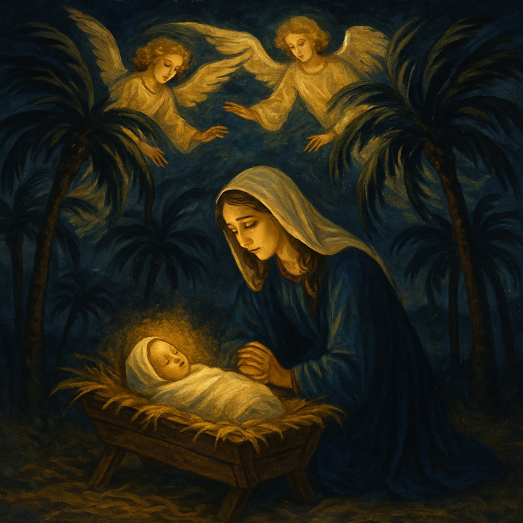 The Virgin Mary kneels beside the infant Jesus in a windswept Bethlehem palm grove, in Cradle Song of the Virgin.