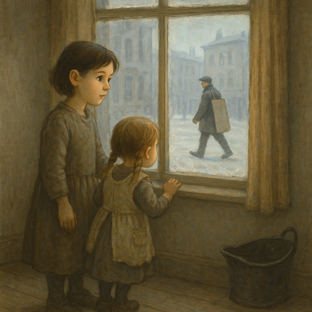 Two young sisters watch their father carry an advertising sign in the wintry street below, in "Daddy's Lost the Job He Had"