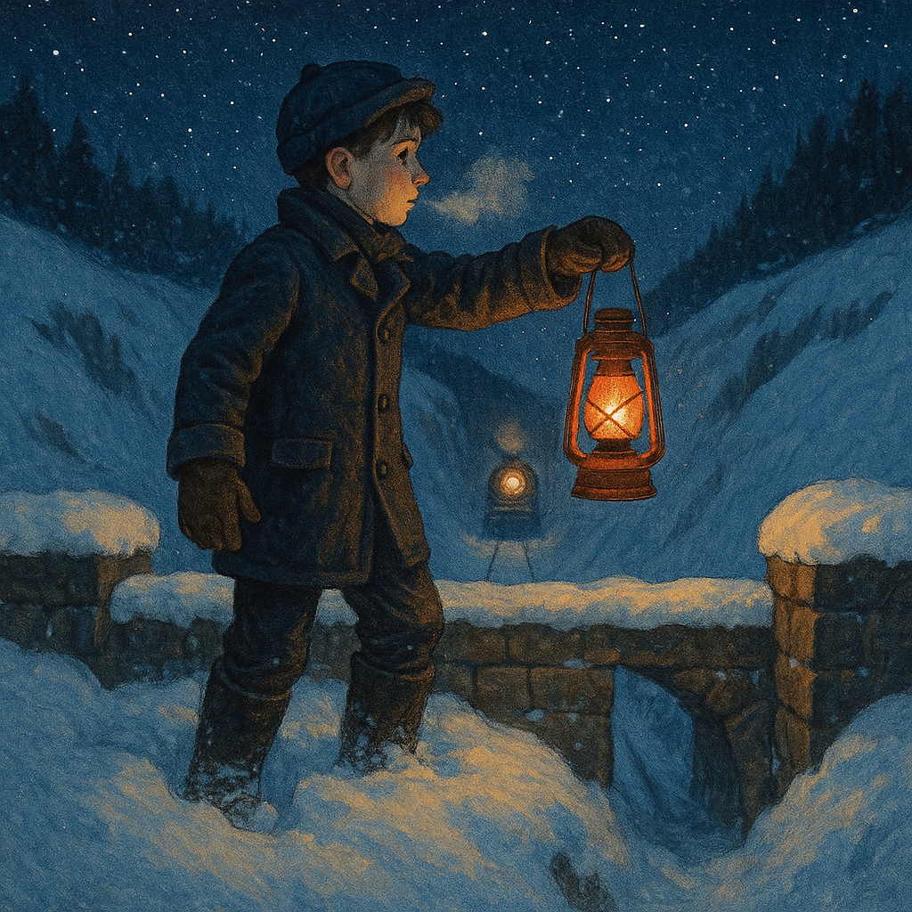 A teenage boy swings a red lantern in deep snow on a bridge, flagging a night train in "Daily Bread."