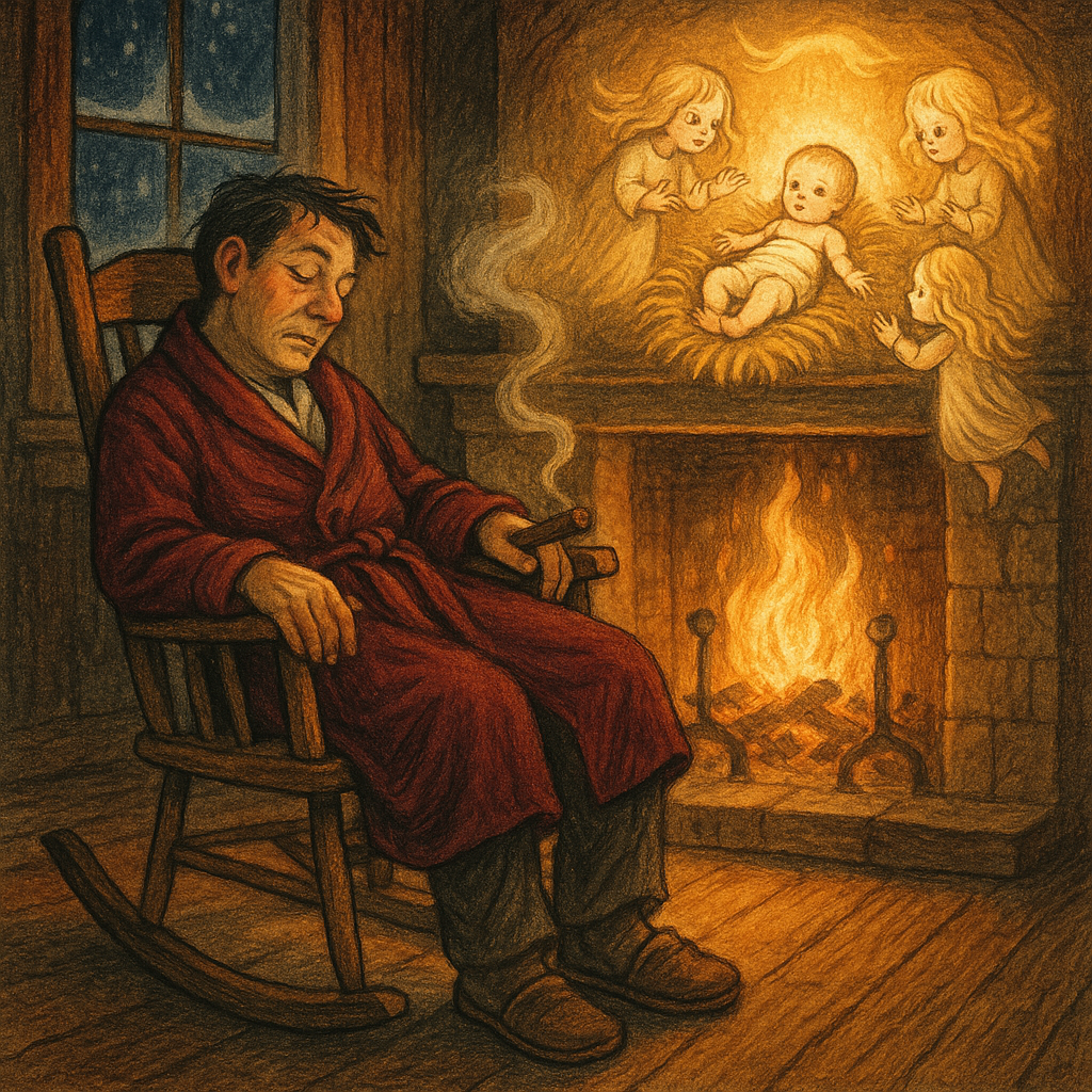 A man dreams by a glowing fireplace as a Nativity vision appears in the smoke, in Das Krist Kindel.
