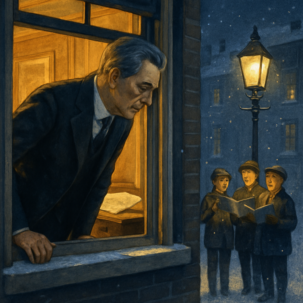 David Pearson leans from his window to listen to carol singers below, in "Debussy Variations on a Mendelssohn Theme"