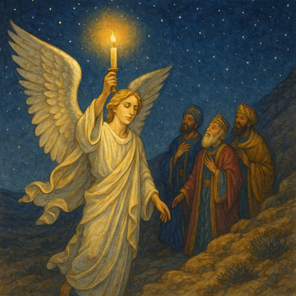 An angel leads three wise men by candlelight through a starry night sky, illustrating the poem December.