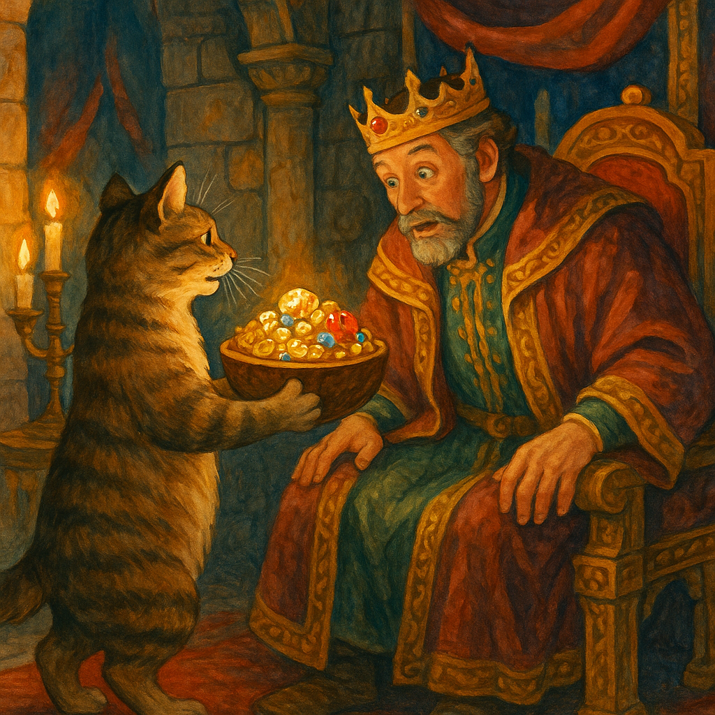 A clever cat presents a bowl of gold coins to an astonished king in Domingo's Cat.