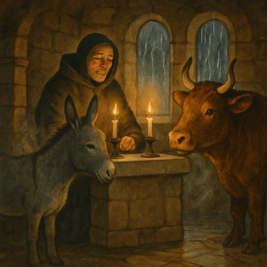 A priest preaches by candlelight to a donkey and an ox in a stone chapel — Eddi's Service by Kipling.