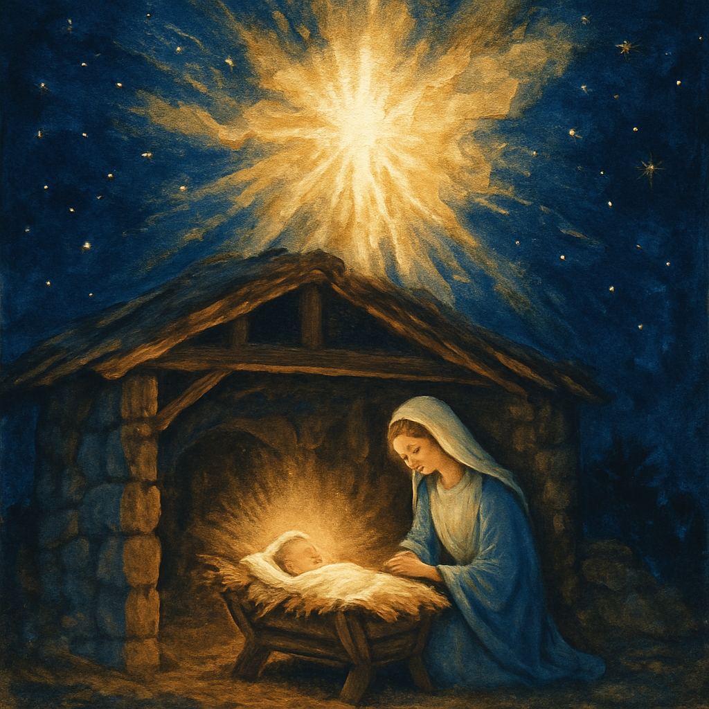 A radiant nativity scene with golden light from above, illustrating the Christmas poem "For Christmas Day" by Charles Wesley.