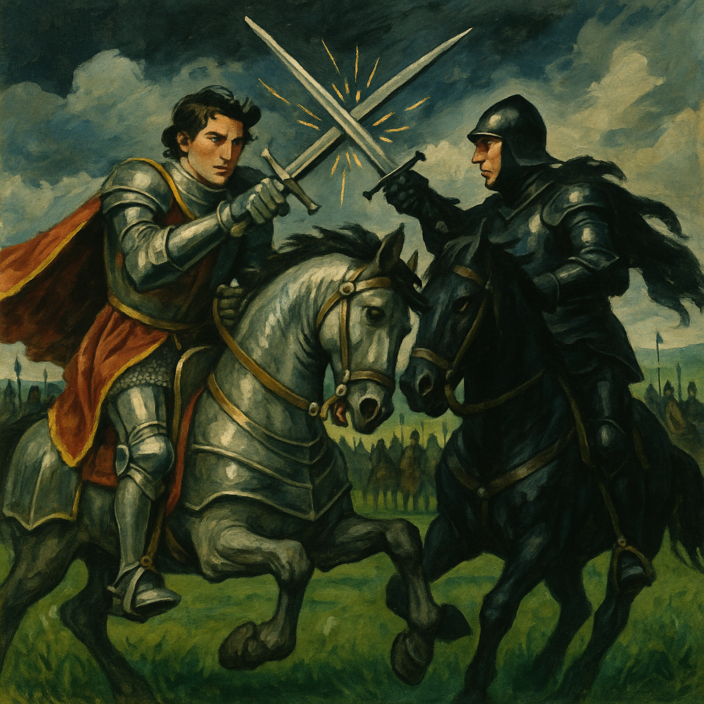 Two knights clash in fierce sword combat on horseback in Gawain's Adventure In Search Of Owain