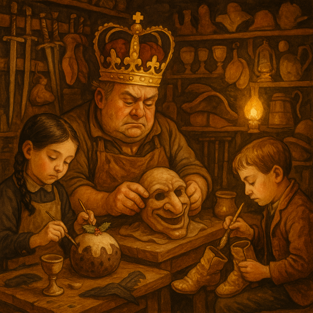 The property master shapes a pantomime mask with a crown on his head, in a scene from Getting Up a Pantomime.