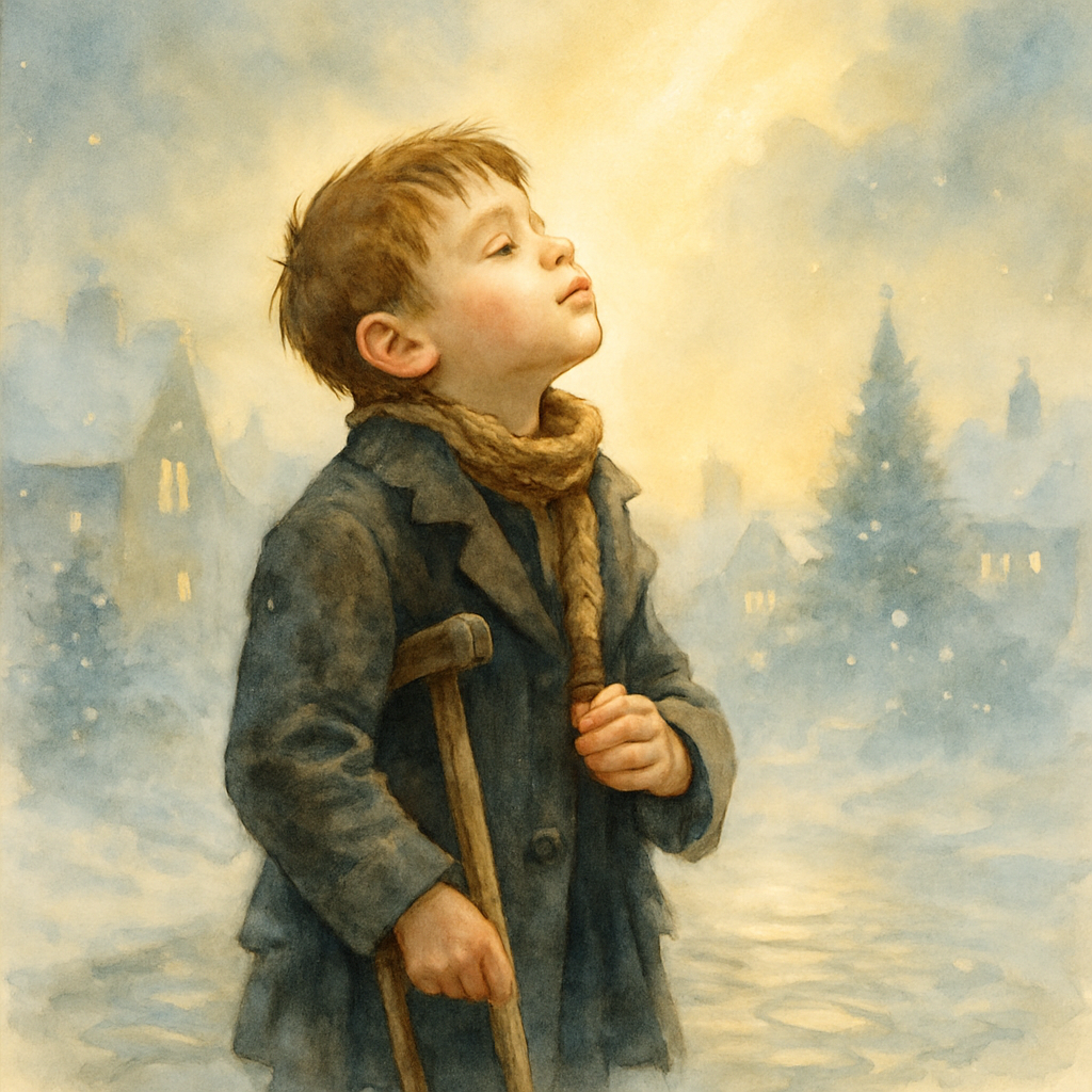 A small Victorian boy with a crutch prays upward on Christmas morning, in the poem God Bless Us Every One.