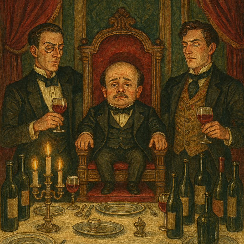 Chops the dwarf seated on a throne at a grand dinner table in Going into Society by Charles Dickens