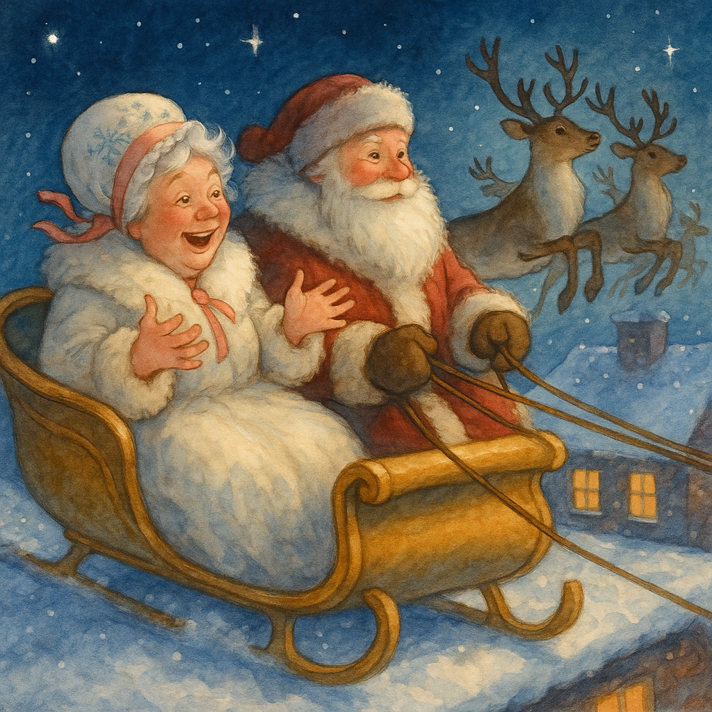 Goody Santa Claus and Santa ride their golden sleigh across snowy rooftops in Goody Santa Claus on a Sleigh Ride.