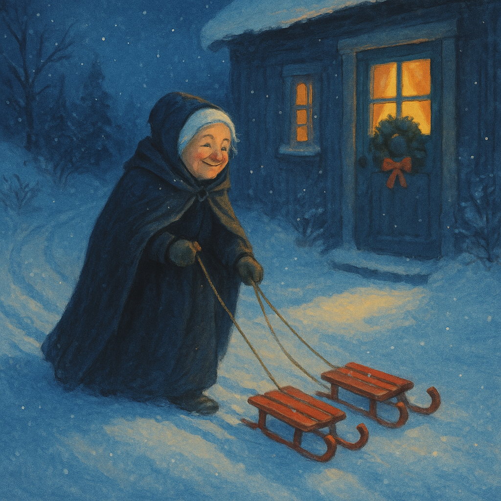 Grandma Burns drags two red sleds through moonlit snow in Grandma's Christmas Gifts