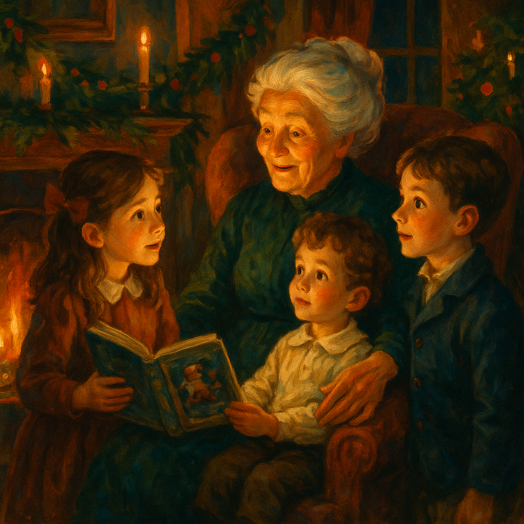 Grandmother telling a Christmas story to three children by the fireplace, illustrating Grandmother's Christmas Story.
