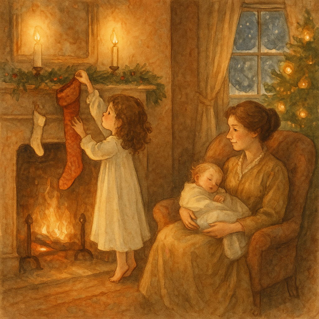 A girl hangs a giant stocking beside a tiny baby's stocking over a glowing fireplace, scene from "Hang Up the Baby's Stocking."