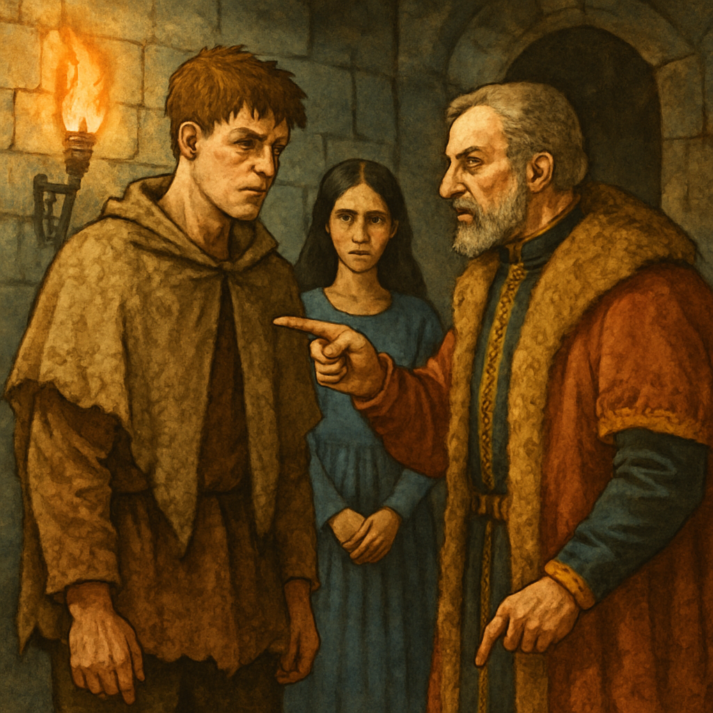 Havelok and Goldborough forced to wed by Earl Godrich in a stone hall, from Havelok Married Against His Will