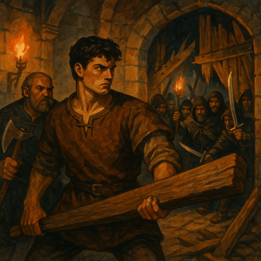 Havelok wielding a door-beam against armed thieves in a torchlit hall, from Havelok Wins Back His Kingdom.
