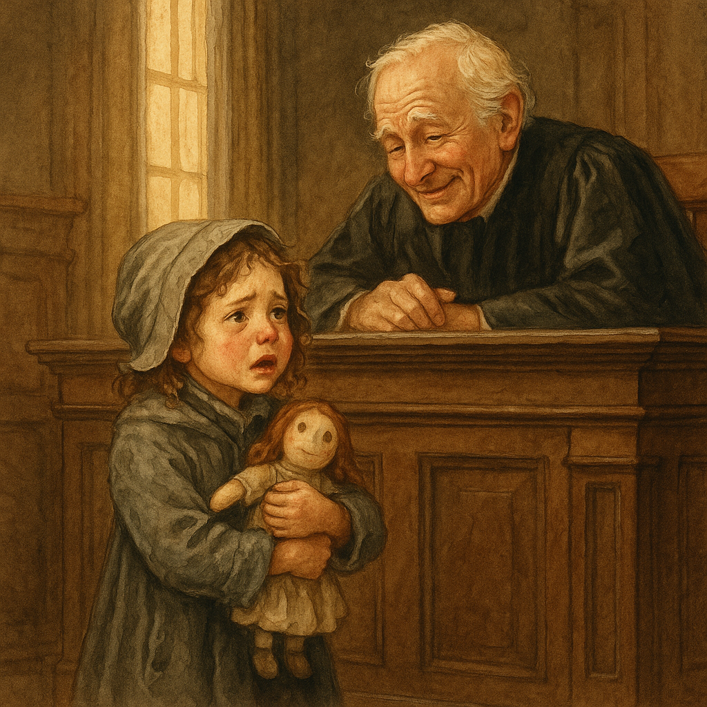 A small girl clutching a handmade doll pleads before a white-haired judge in a Victorian courtroom, in "Her Christmas Present."