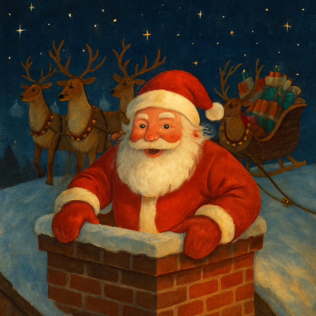 Santa Claus climbing out of a chimney with his reindeer and sleigh in "He's Coming Soon"