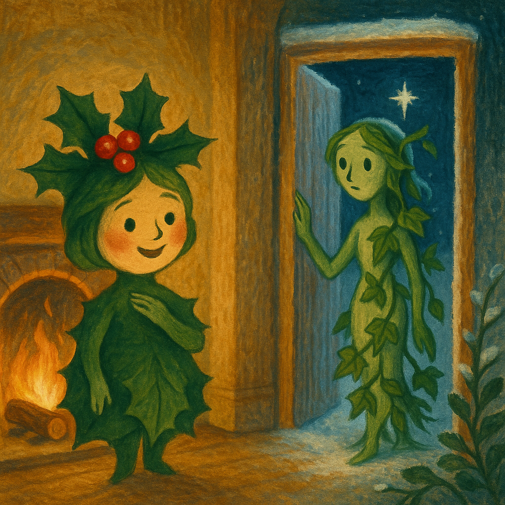Holly inside by the yule-log and Ivy in the cold night wind, in the Christmas poem Holly and Ivy
