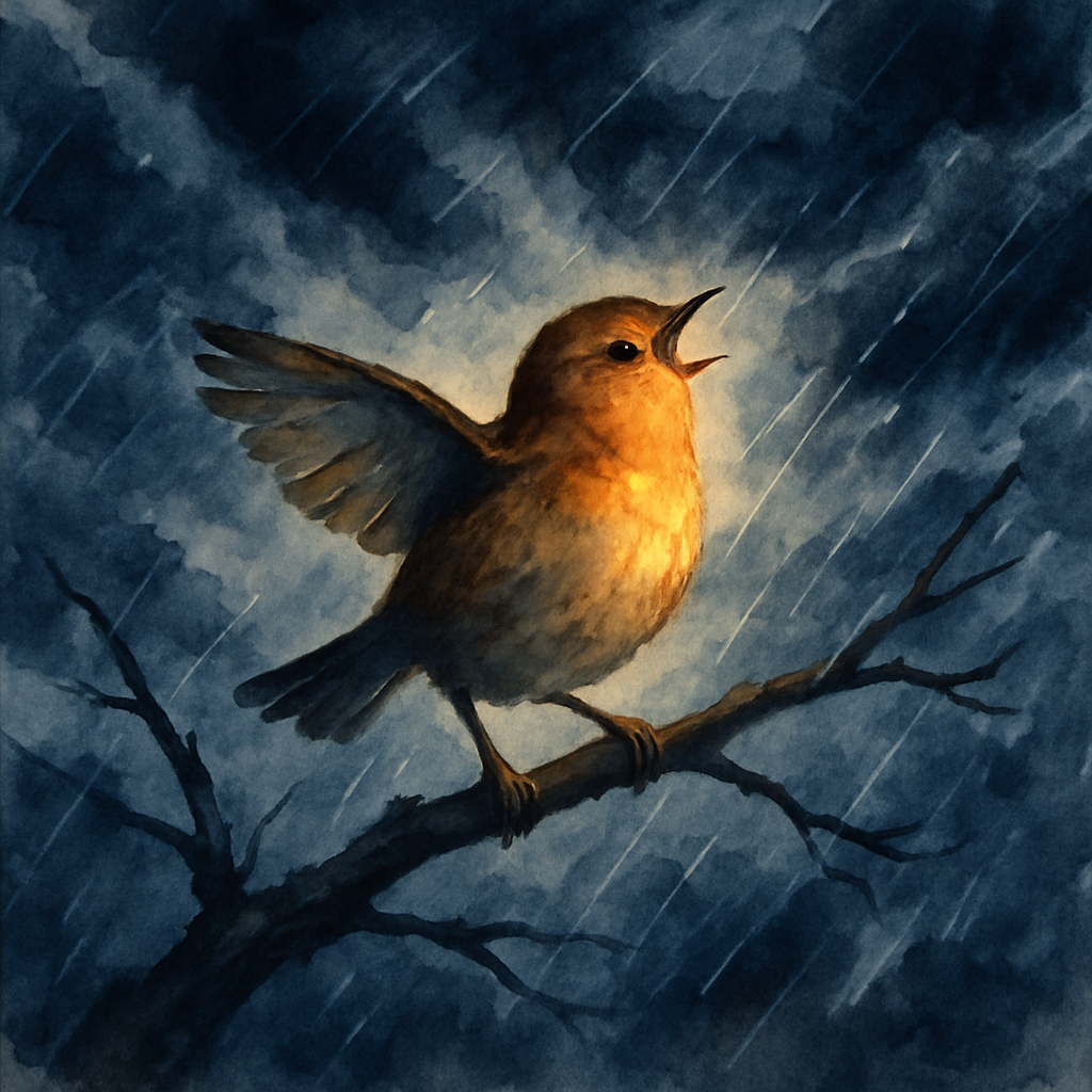 A small glowing bird singing through a fierce storm, illustrating Hope Is the Thing with Feathers by Emily Dickinson.