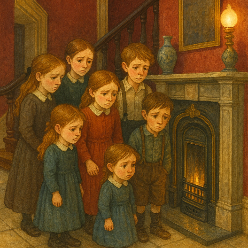 Children gathering around a narrow apartment fireplace in "How Christmas Came to the Santa Maria Flats"