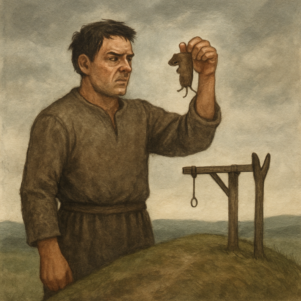 Manawyddan holds the captured mouse over his makeshift gallows on the Mound of Narberth in this scene from How Manawyddan Caught A Thief.