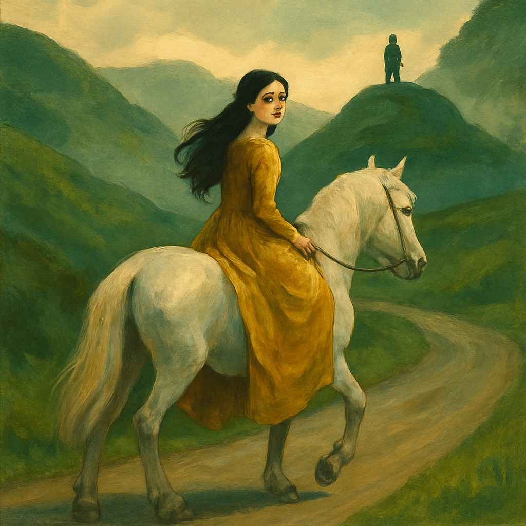 Rhiannon in a golden gown riding a white horse past a green hillside, from How Pwyll Outwitted Gawl