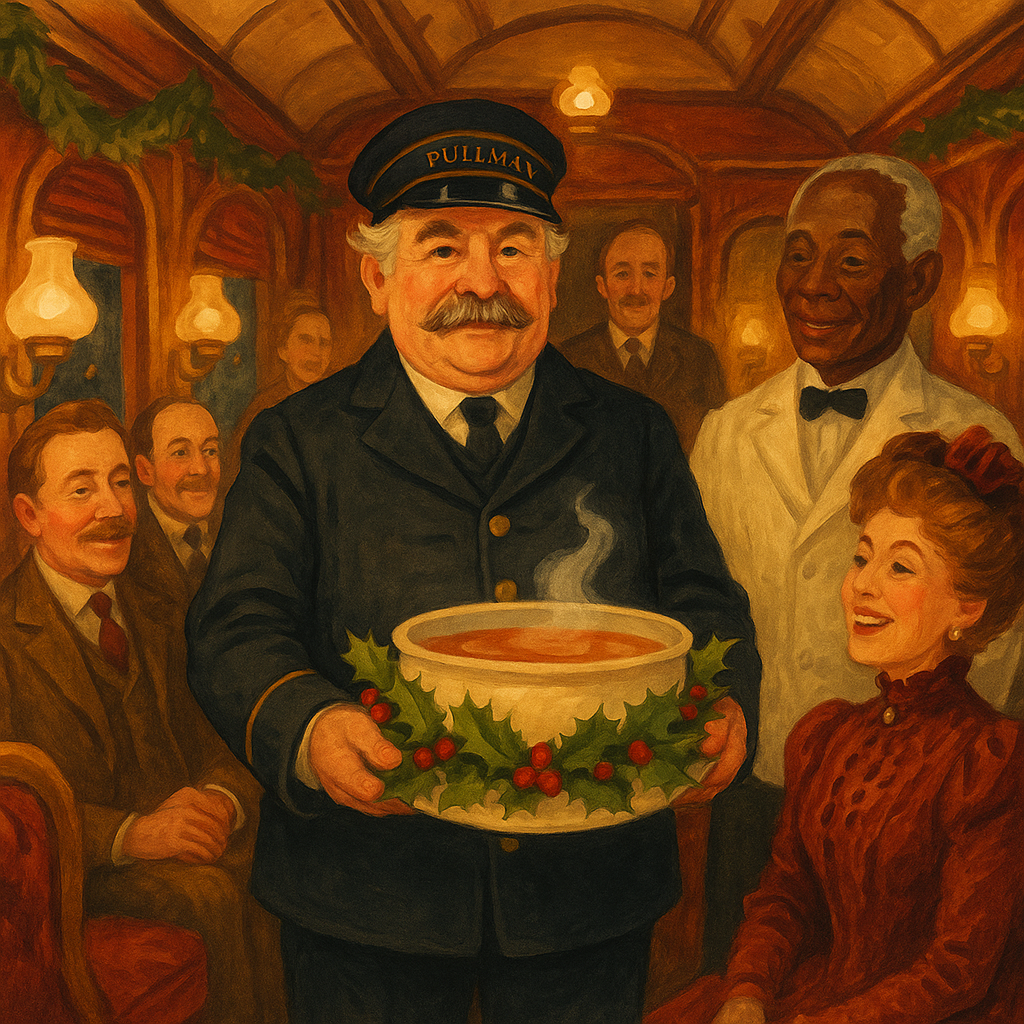 The Captain presents a holly-wreathed eggnog bowl to passengers in a Victorian railway car, in How the Captain Made Christmas.