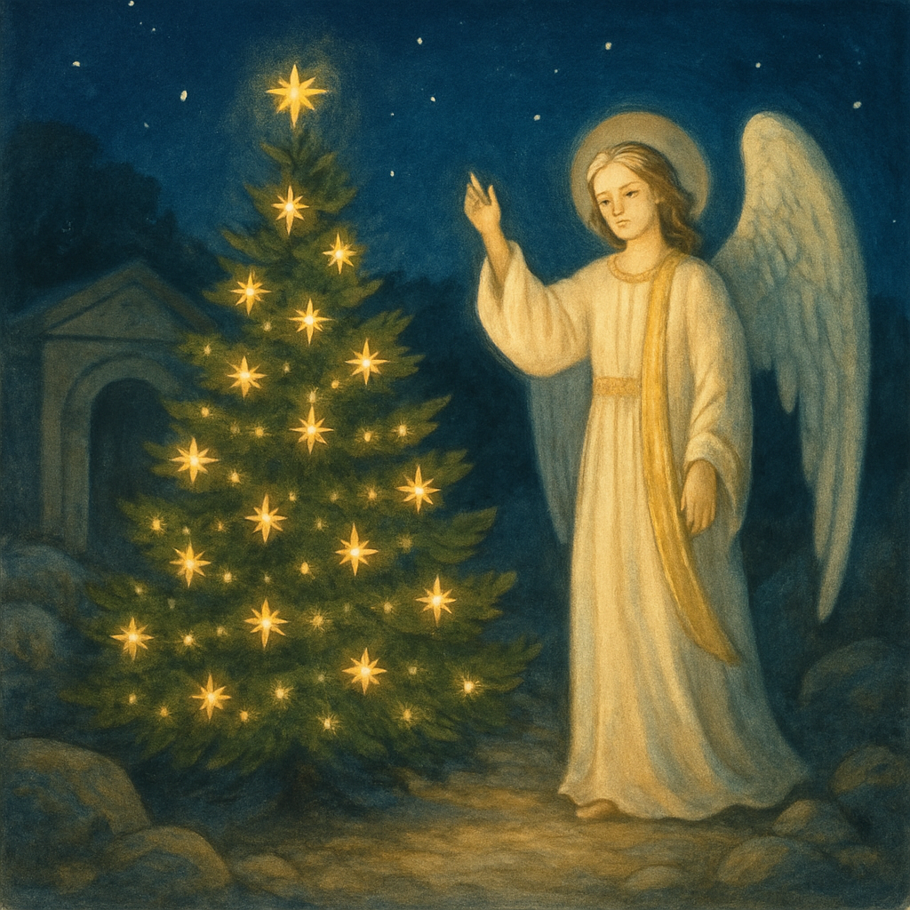 A starlit fir tree glowing with golden stars in How the Fir Tree Became the Christmas Tree