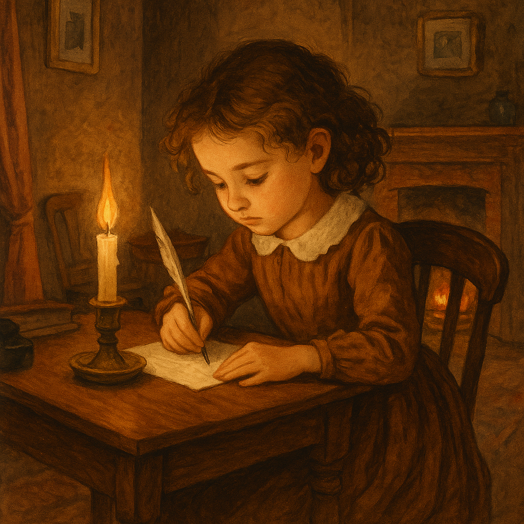 A young Victorian girl writing a letter by candlelight, illustrating How the Secretary of the Treasury Once Played Santa Claus.
