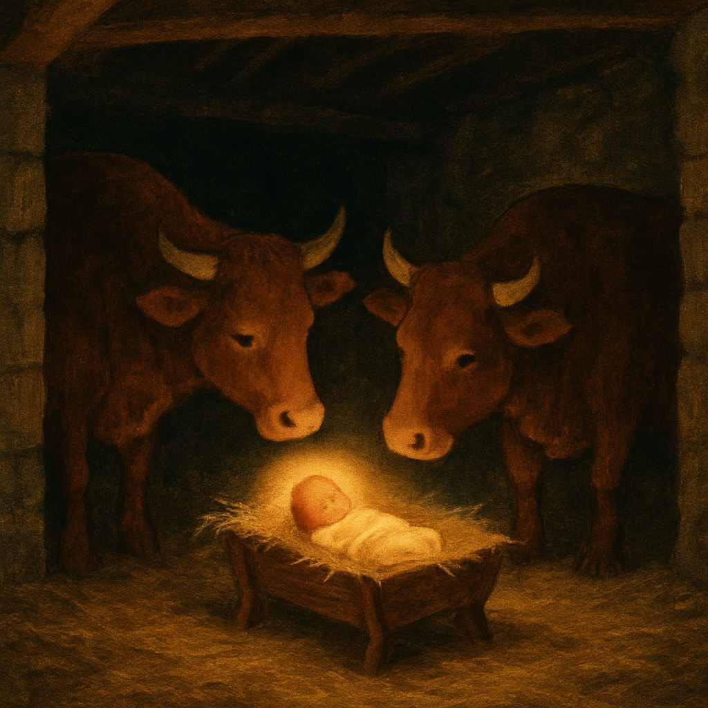 A newborn in a manger flanked by two oxen in a bare stable — illustration for "I Saw a Stable" by Mary Elizabeth Coleridge.