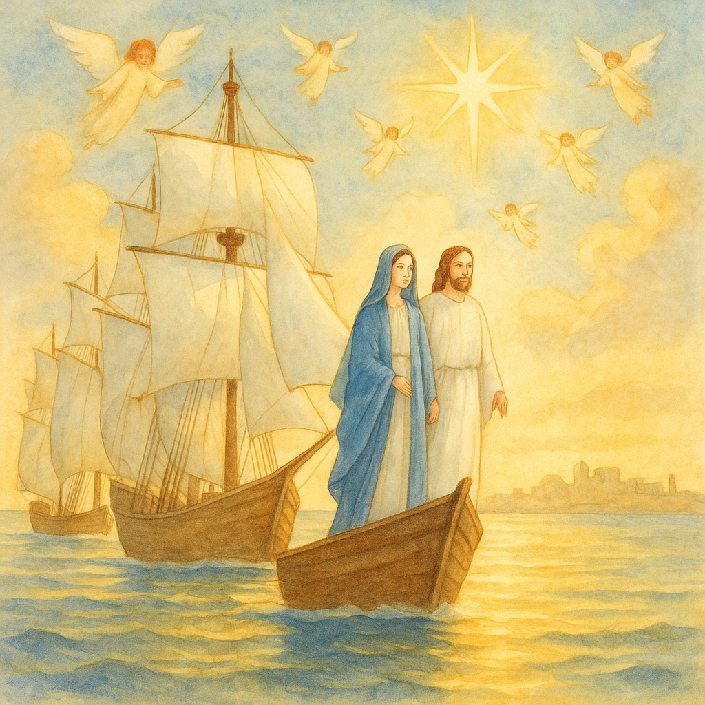 Three ships sailing to Bethlehem on Christmas morning, illustration for "I Saw Three Ships"