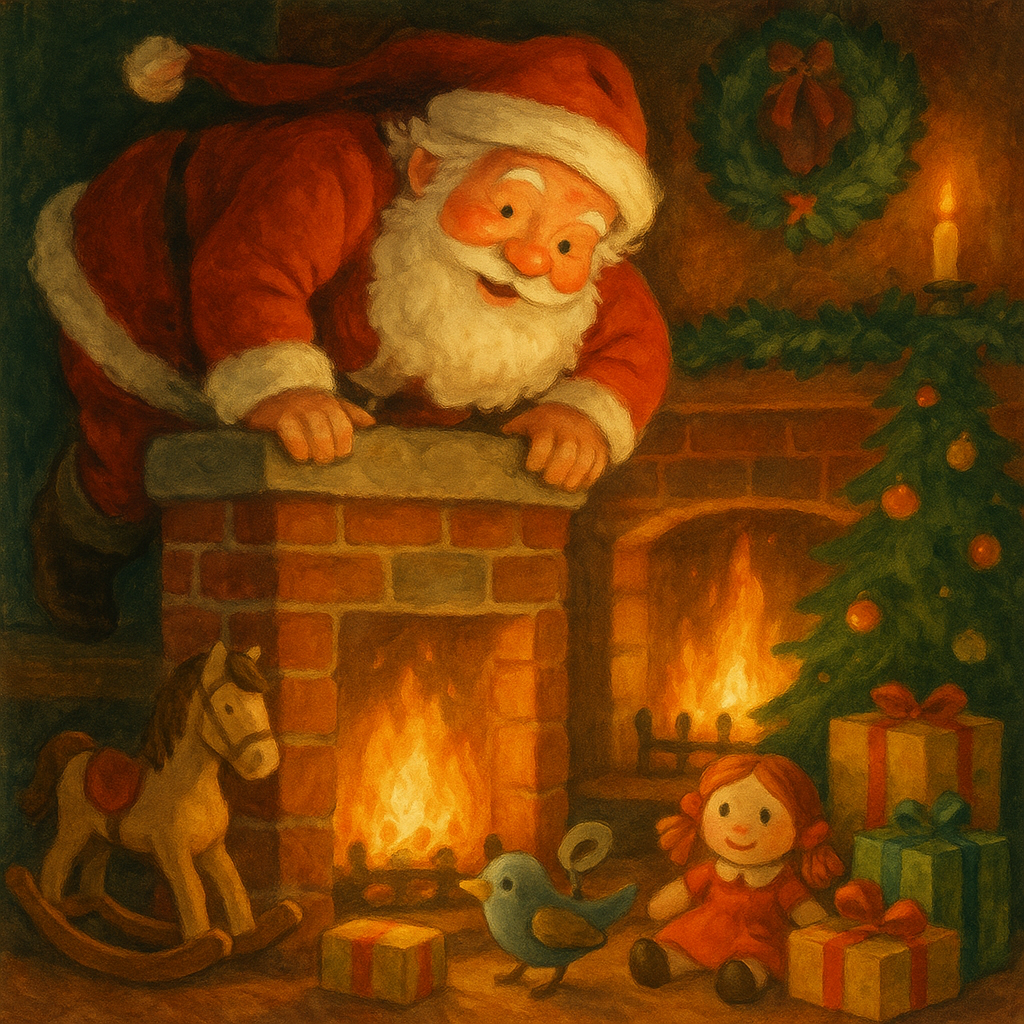 Santa Claus climbing down a chimney with toys, illustrating the Christmas poem "If You're Good"